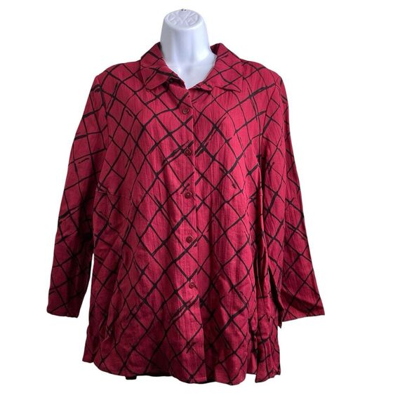 Habitat Womens Red Button Up Blouse Size M Lagenlook Casual Boho Flowy Oversized - Picture 1 of 13